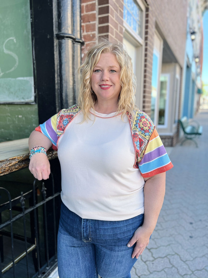 Curvy Oatmeal Mixed Print Sleeve Top