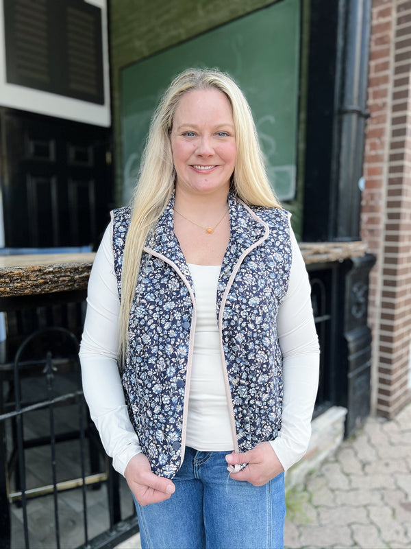 Navy Floral Lightweight Quilted Vest