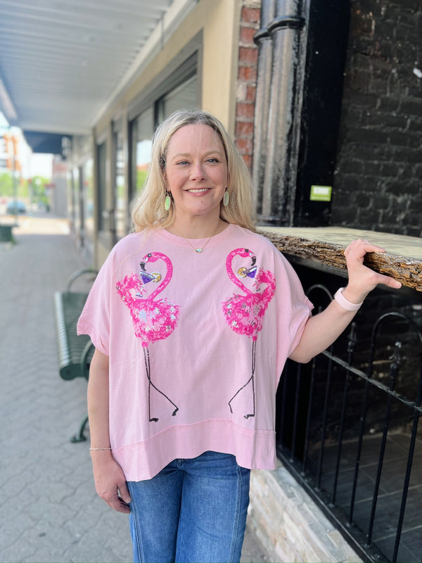 Pink Sequin Flamingo Boyfriend Tee