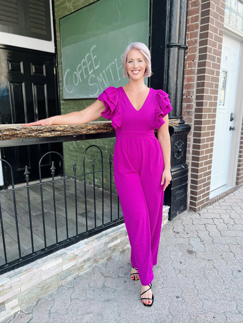 Magenta Ruffle Cap Sleeve Jumpsuit