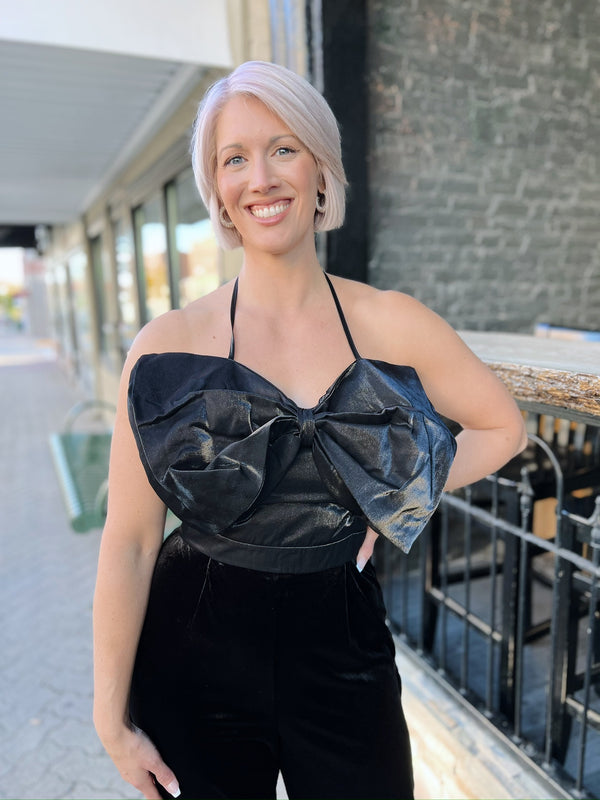 Black Velvet Halter Top with Tulle Bow Jumpsuit