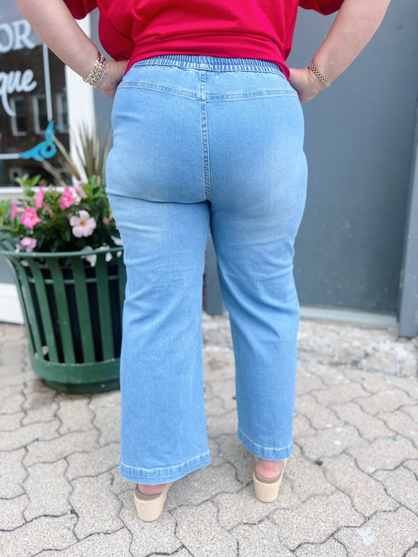 Curvy Chambray Drawstring Cropped Pants