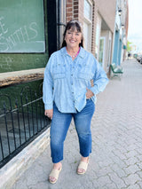 Curvy Acid Wash Light Chambray Button Up Top