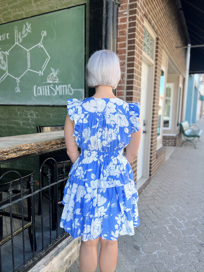 Blue and White Floral Printed Dress with Ruffle Details