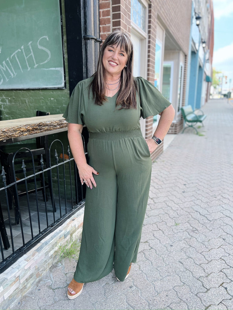 Curvy Flounce Sleeve V-Neck Jumpsuit