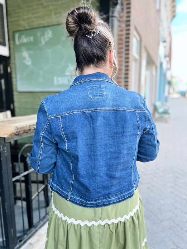 Curvy Dark Wash Raw Hem Denim Jacket