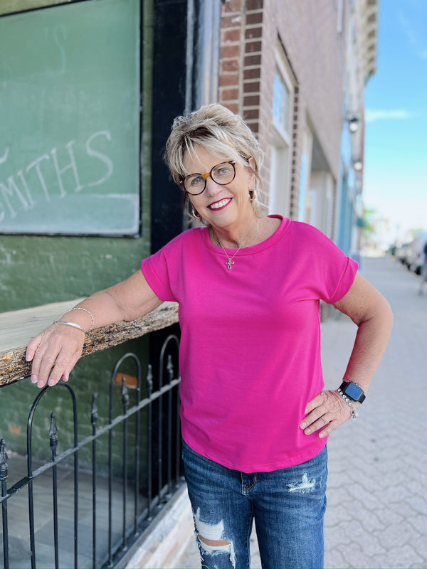 Pink Round Neck Cap Sleeve Top