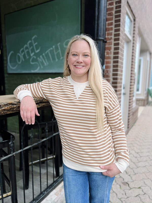 Mocha Striped Textured Crewneck Top