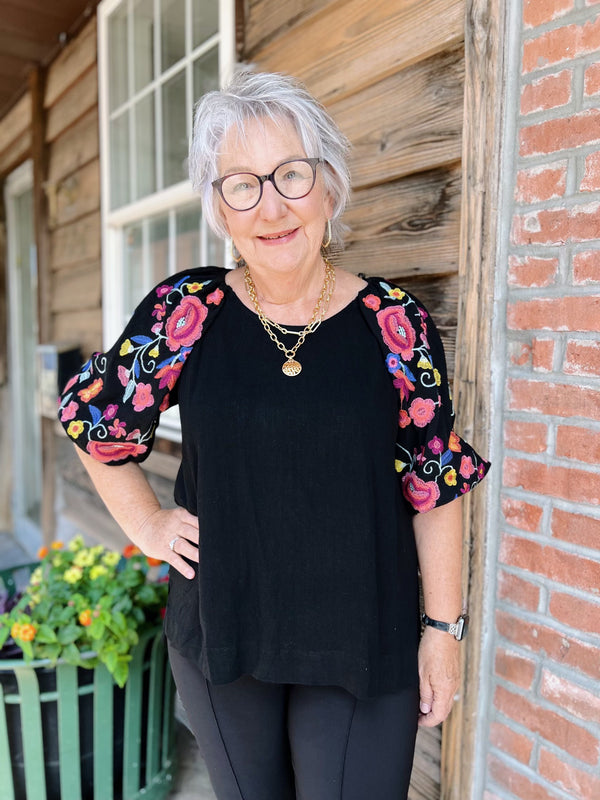 Embroidered Puff Sleeve Linen Top Black