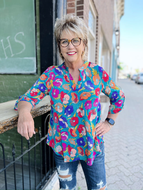 Teal Multi Color Floral Stretch Top