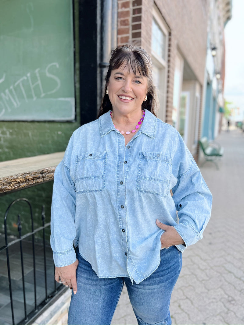 Curvy Acid Wash Light Chambray Button Up Top