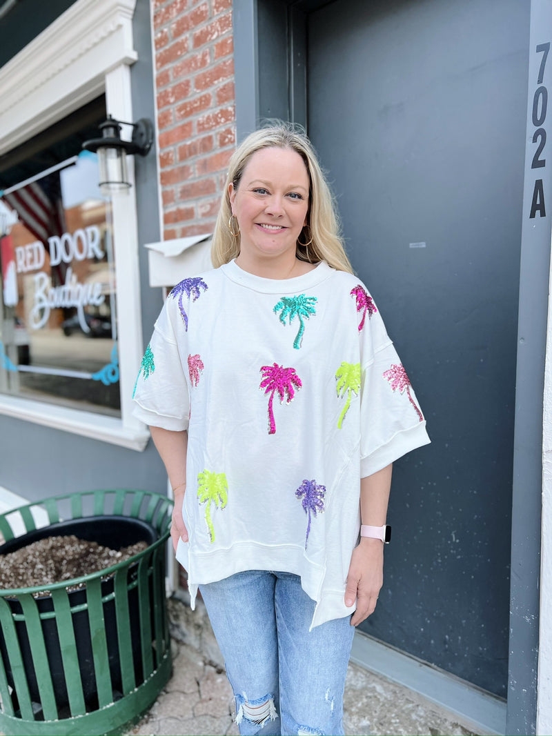 White Oversized Sequin Palm Tree Top