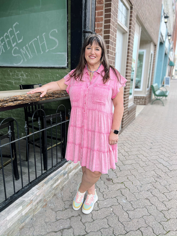 Curvy Pink Washed Tiered Button Dress