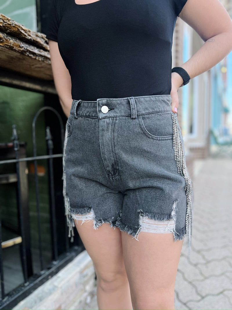 Black Mineral Wash Side Fringe Rhinestone Shorts