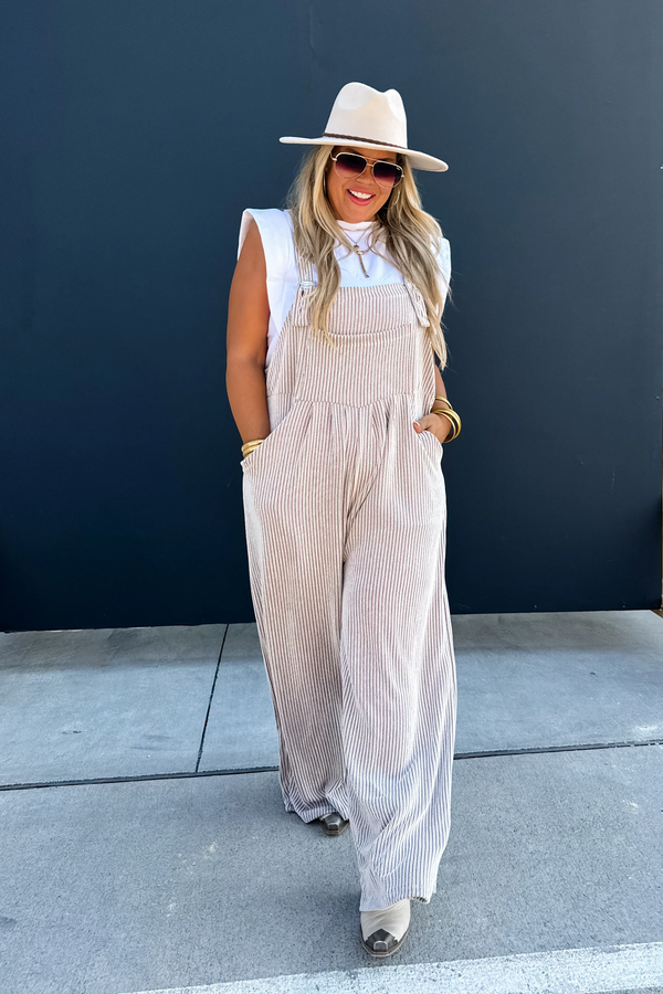 Ribbed with Pleating and Front Pockets Boho Overalls