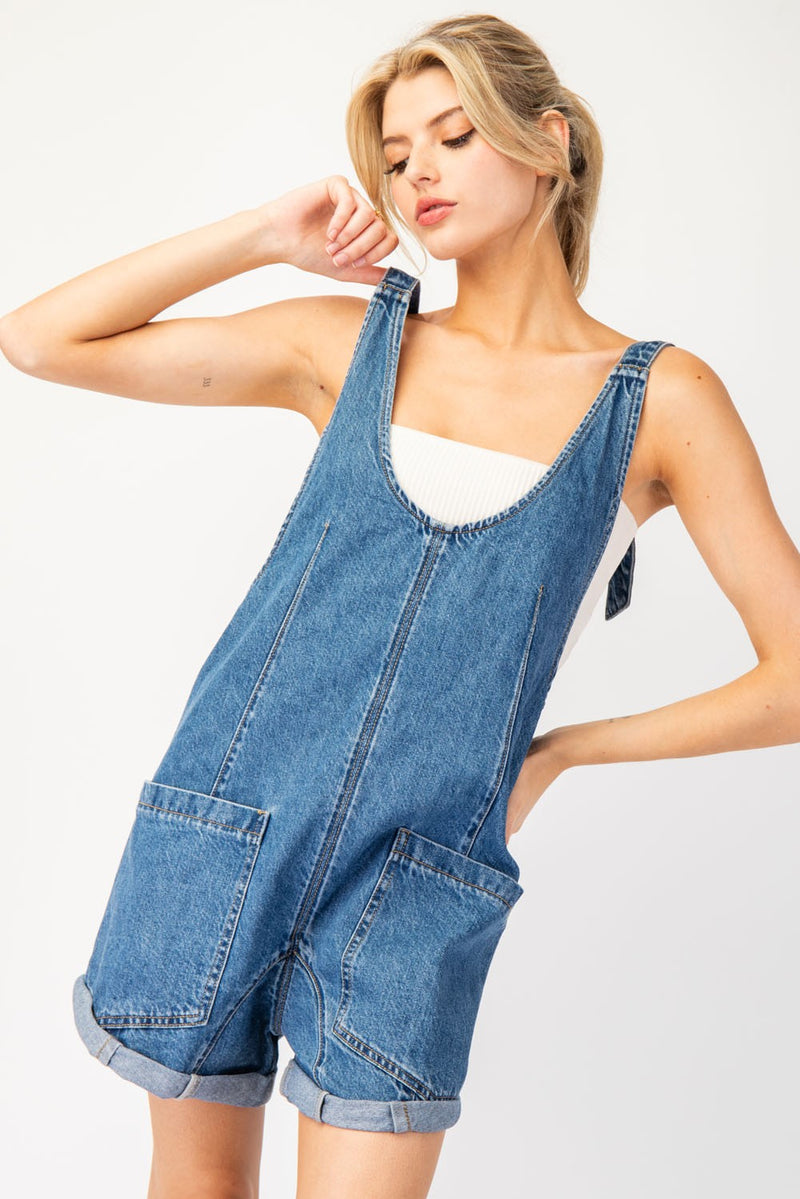 Mineral Washed Denim Romper with Pockets