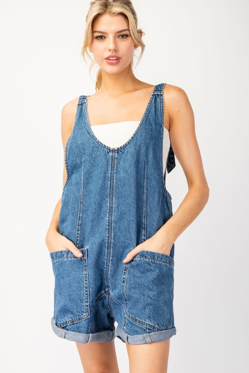 Mineral Washed Denim Romper with Pockets