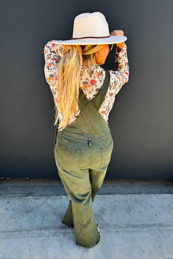 Olive Cropped Wide Leg Distressed Overalls