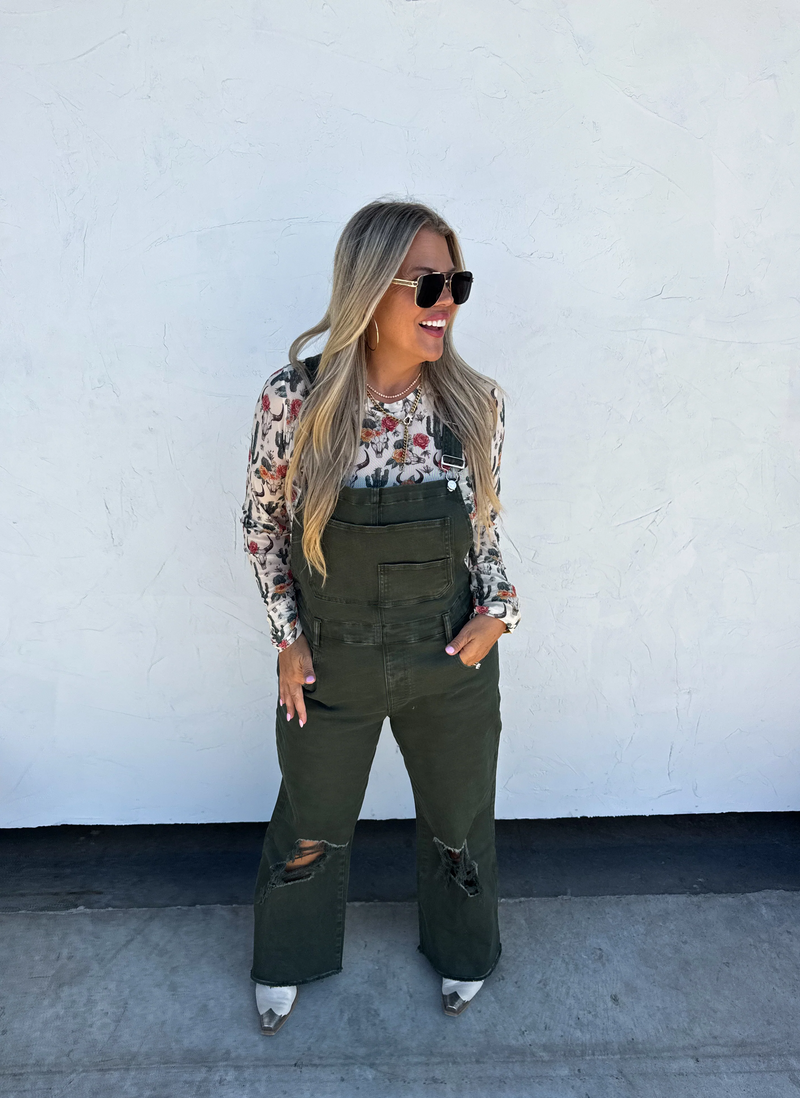 Olive Cropped Wide Leg Distressed Overalls