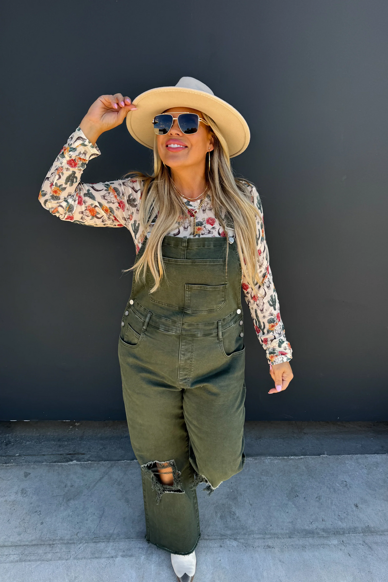 Olive Cropped Wide Leg Distressed Overalls