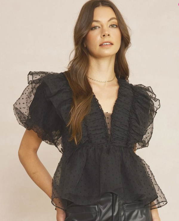 Black Tulle V-Neck Top