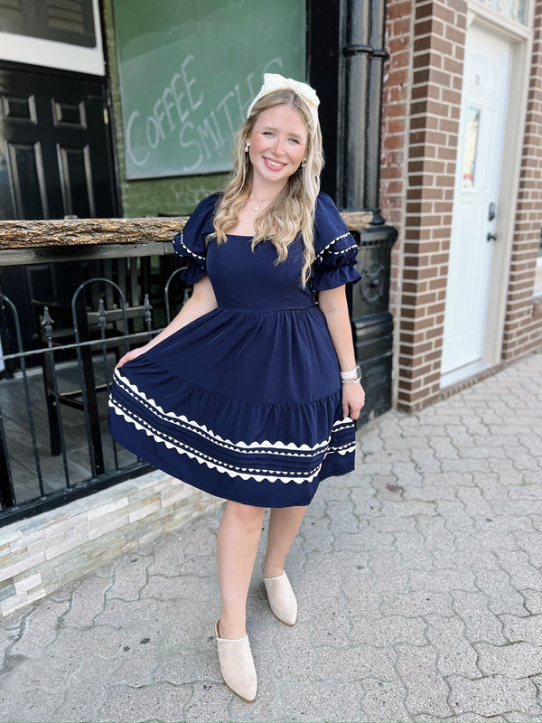 Navy Ric Rac Tiered Puff Sleeve  Dress