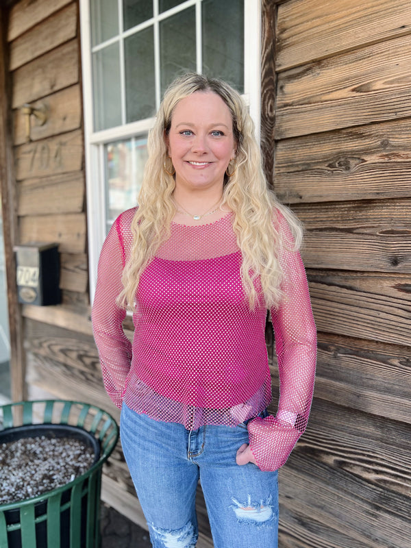 Hot Pink Rhinestone Netted Top