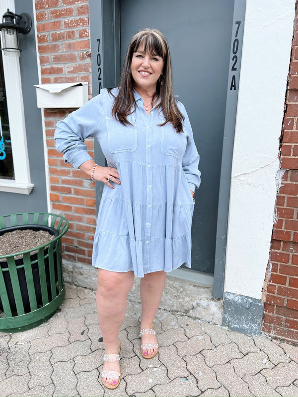 Curvy Long Sleeve Tiered  Denim Dress