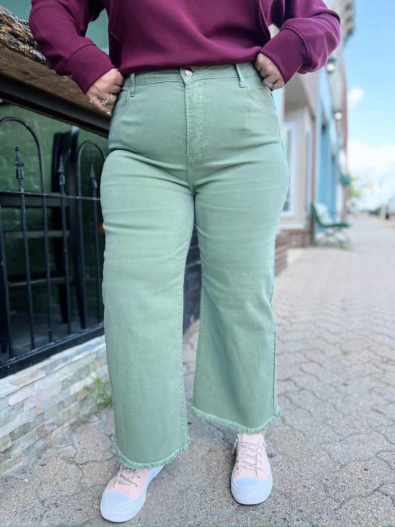 Curvy Wilma's Olive High Rise Cropped Wide Leg Jeans