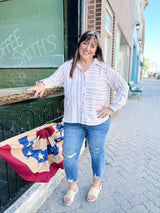 Curvy Taupe Striped Contrast Top