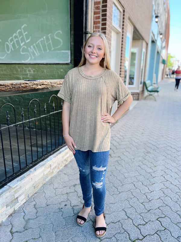 Mocha Ribbed Raglan Top