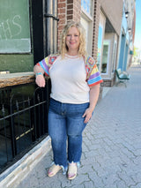 Curvy Oatmeal Mixed Print Sleeve Top