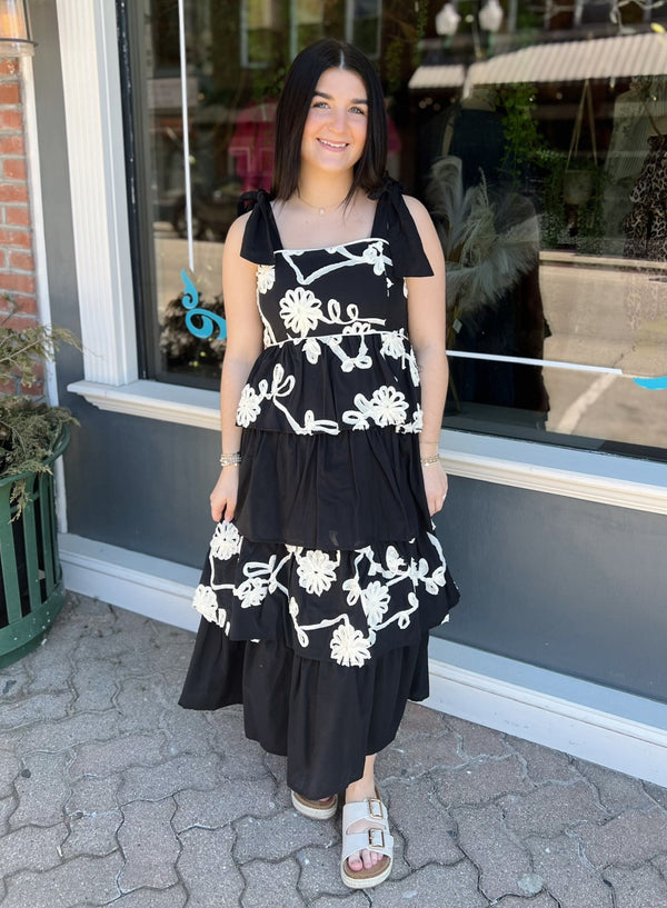 Black Tiered Bow Tie Midi Dress