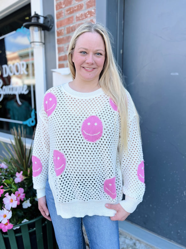 Cream Knit Pink Smiley Face Top