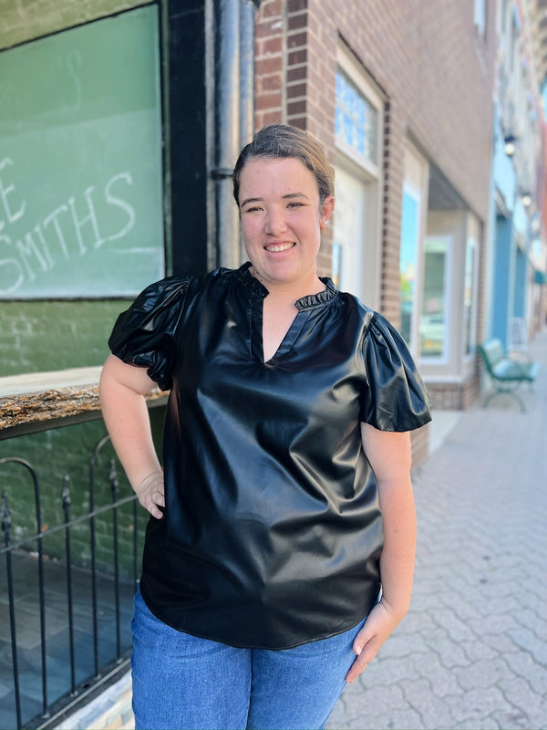 Curvy Faux Leather Black Puff Sleeve Top