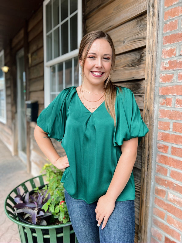 Hunter Green Silk Puff Sleeve Top