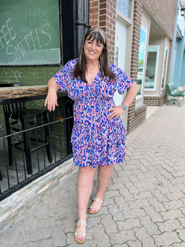 Curvy Royal Blue Abstract Print Dress