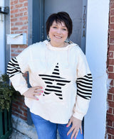 Star Patched Waffle Knit Striped Hoodie Top