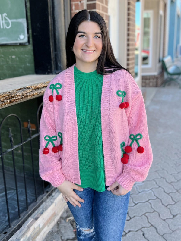 Pink Cherry Long Sleeve Knit Cardigan