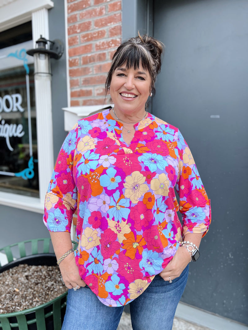 Curvy Pink Retro Floral Stretch Top