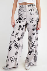 Floral Print Denim Wide Leg Pant