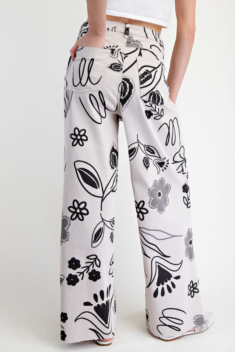 Floral Print Denim Wide Leg Pant