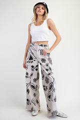 Floral Print Denim Wide Leg Pant