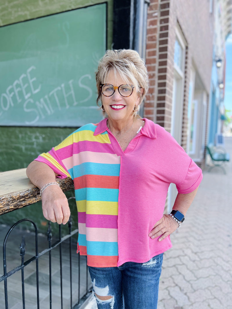 Pink Collared Contrast Striped Top