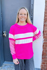 Hot Pink Crinkle Cutwith Striped Detail Sleeve