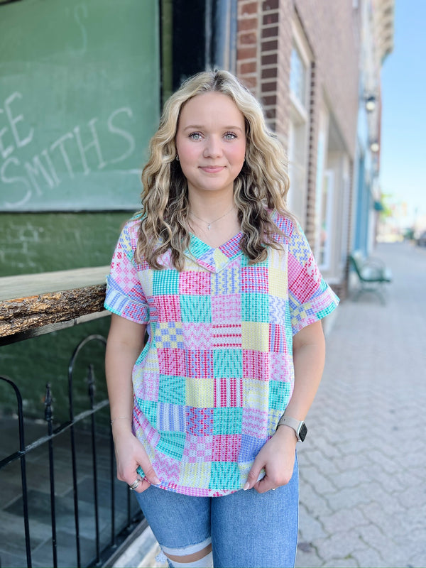 Multi Color Waffleknit Mixed Patch Top