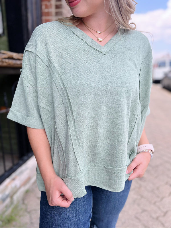 Sage Cuffed Sleeve Raw Hem Top