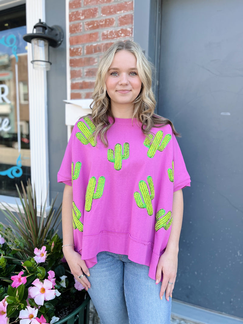 Pink Sequin Cactus Boyfriend Tee