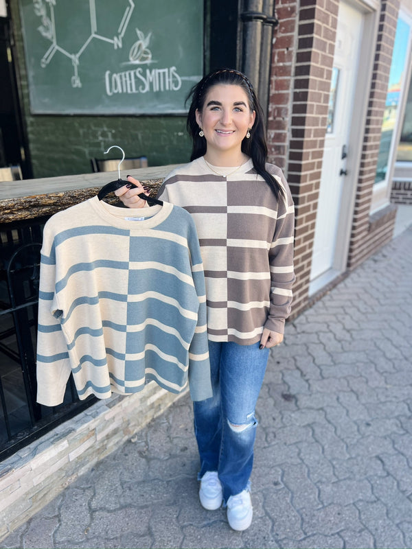 Oversized Mirrored Color Block Striped Crew Neck