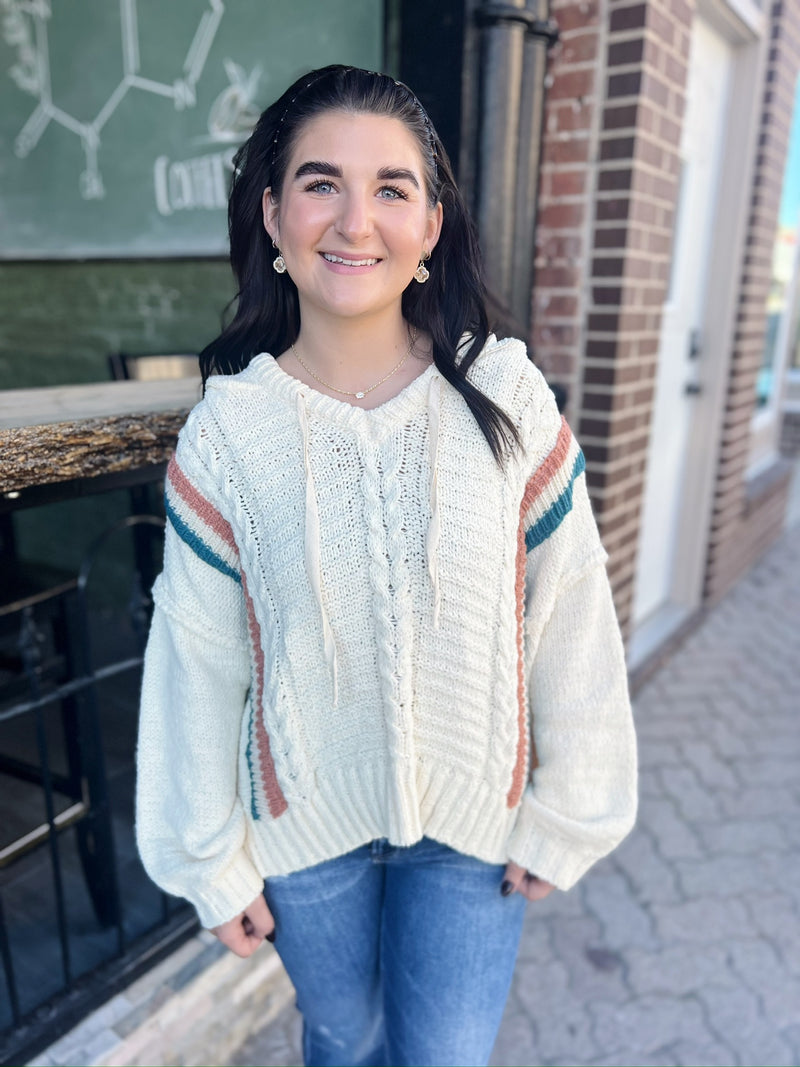 Ivory with Stripes Mixed Knit Hooded Sweater